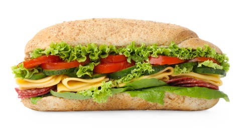 Photo of Tasty baguette sandwich with smoked sausage, cheese and vegetables isolated on white