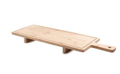 Photo of One wooden serving board with legs isolated on white. Space for text