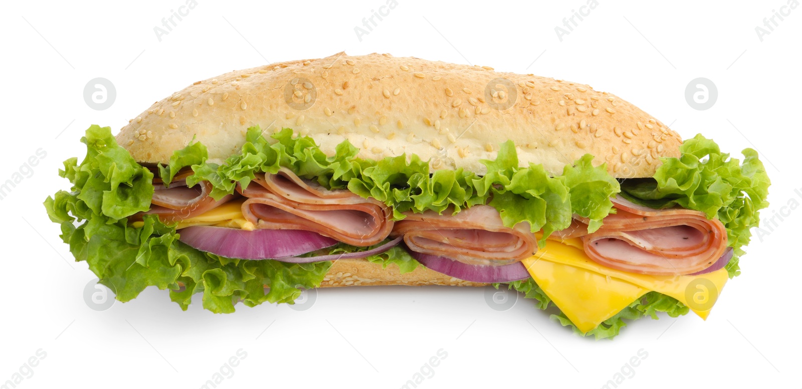 Tasty baguette sandwich with ham, cheese and vegetables isolated on white Photo of Tasty baguette sandwich with ham, cheese and vegetables isolated on white
