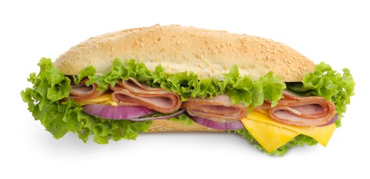 Photo of Tasty baguette sandwich with ham, cheese and vegetables isolated on white