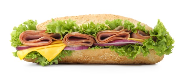 Photo of Tasty baguette sandwich with ham, cheese and vegetables isolated on white