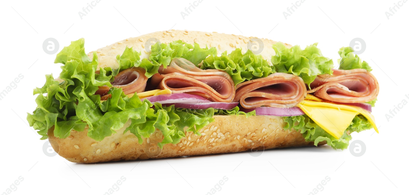 Tasty baguette sandwich with ham, cheese and vegetables isolated on white Photo of Tasty baguette sandwich with ham, cheese and vegetables isolated on white