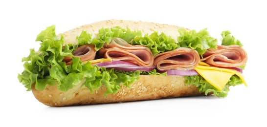 Photo of Tasty baguette sandwich with ham, cheese and vegetables isolated on white