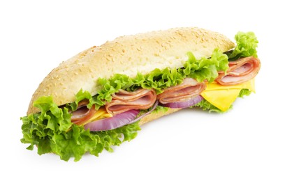 Photo of Tasty baguette sandwich with ham, cheese and vegetables isolated on white
