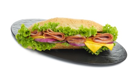 Photo of Tasty baguette sandwich with ham, cheese and vegetables isolated on white
