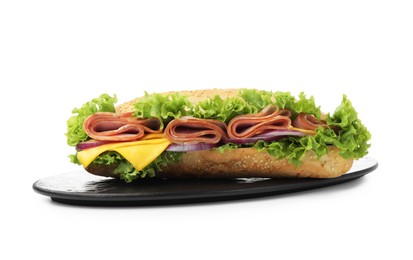 Photo of Tasty baguette sandwich with ham, cheese and vegetables isolated on white