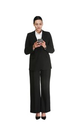 Photo of Confident business woman in suit with smartphone on white background