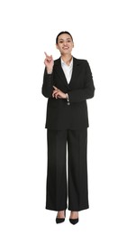 Photo of Confident business woman in suit pointing at something on white background