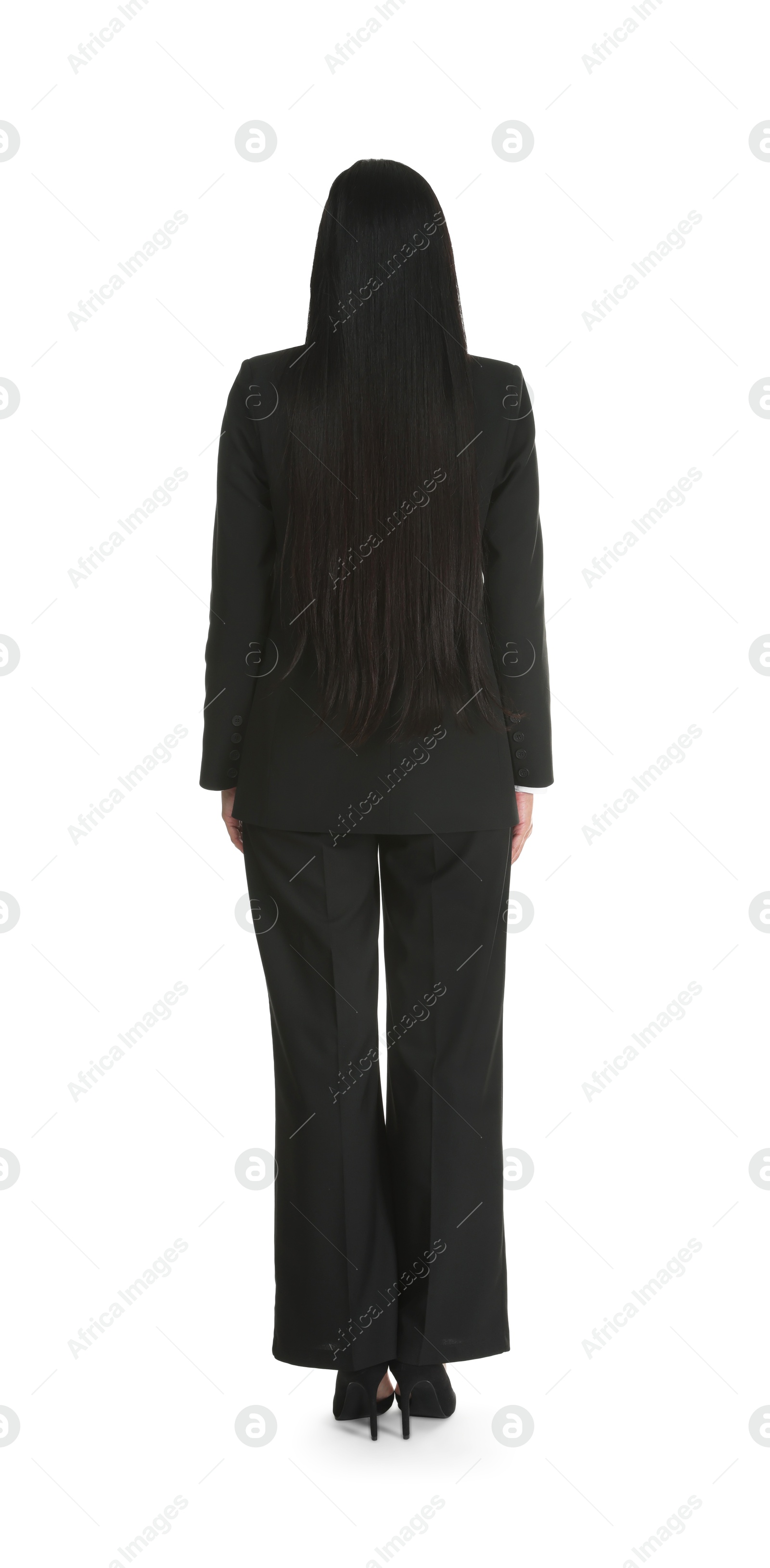 Confident business woman in suit on white background, back view Photo of Confident business woman in suit on white background, back view