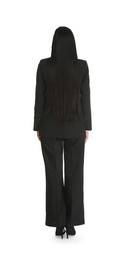 Photo of Confident business woman in suit on white background, back view