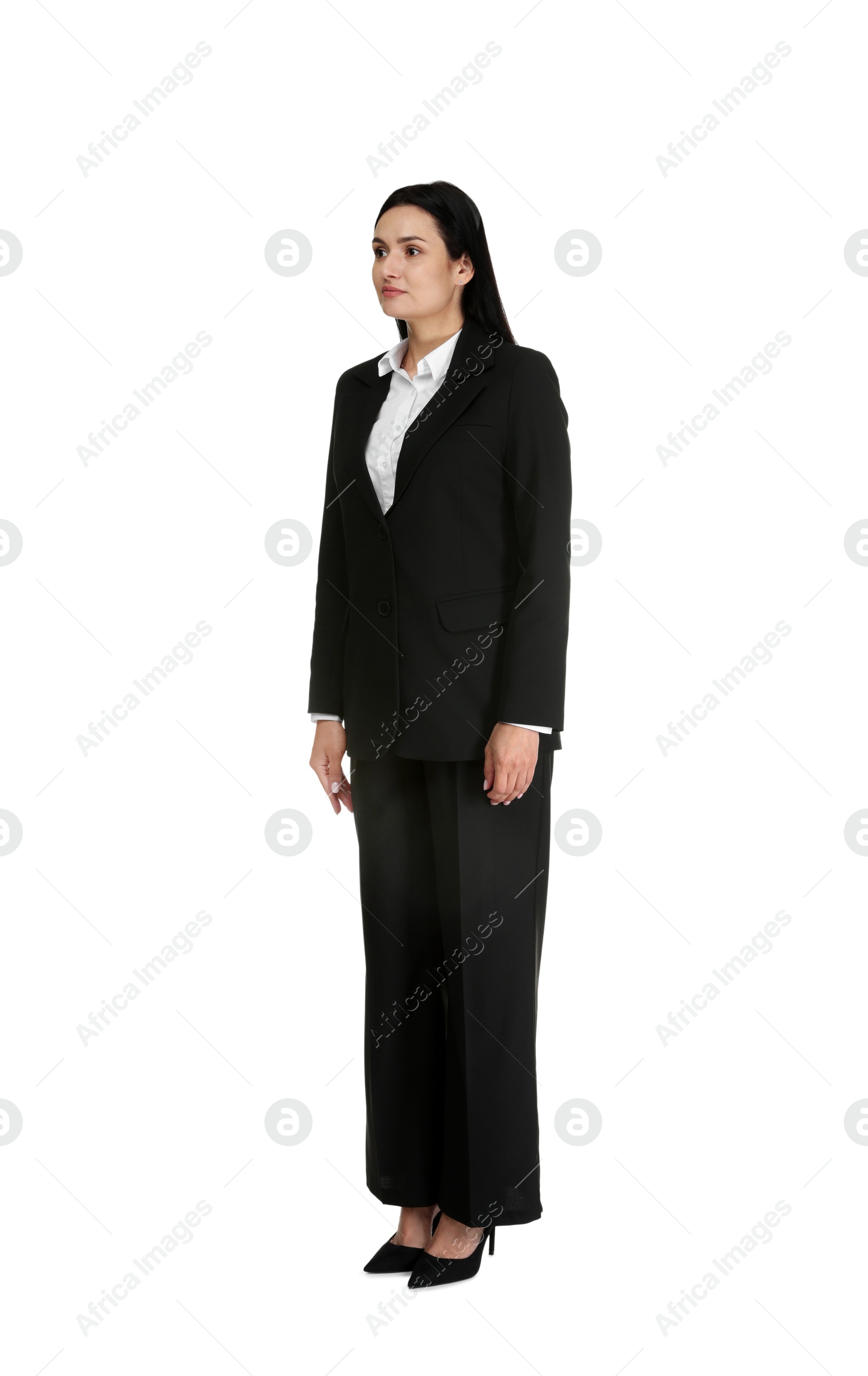 Confident business woman in suit on white background Photo of Confident business woman in suit on white background