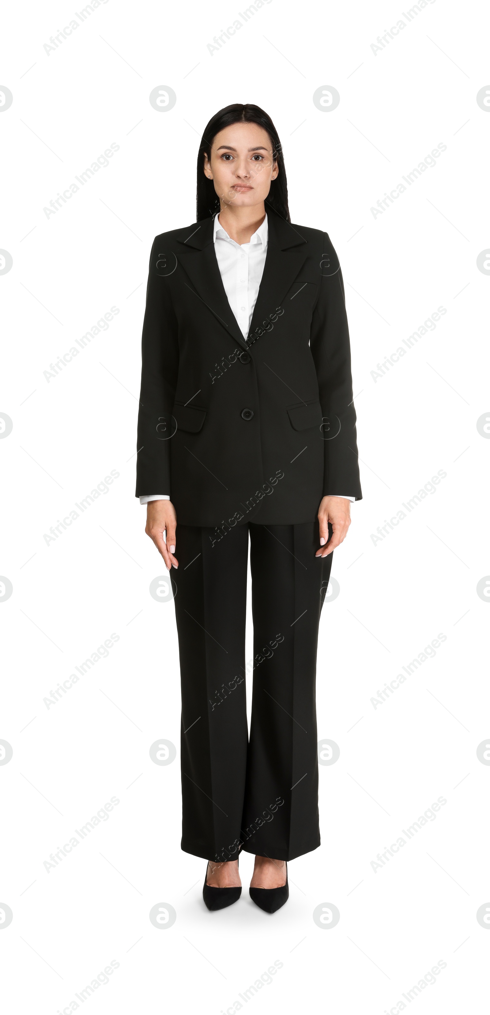 Confident business woman in suit on white background Photo of Confident business woman in suit on white background
