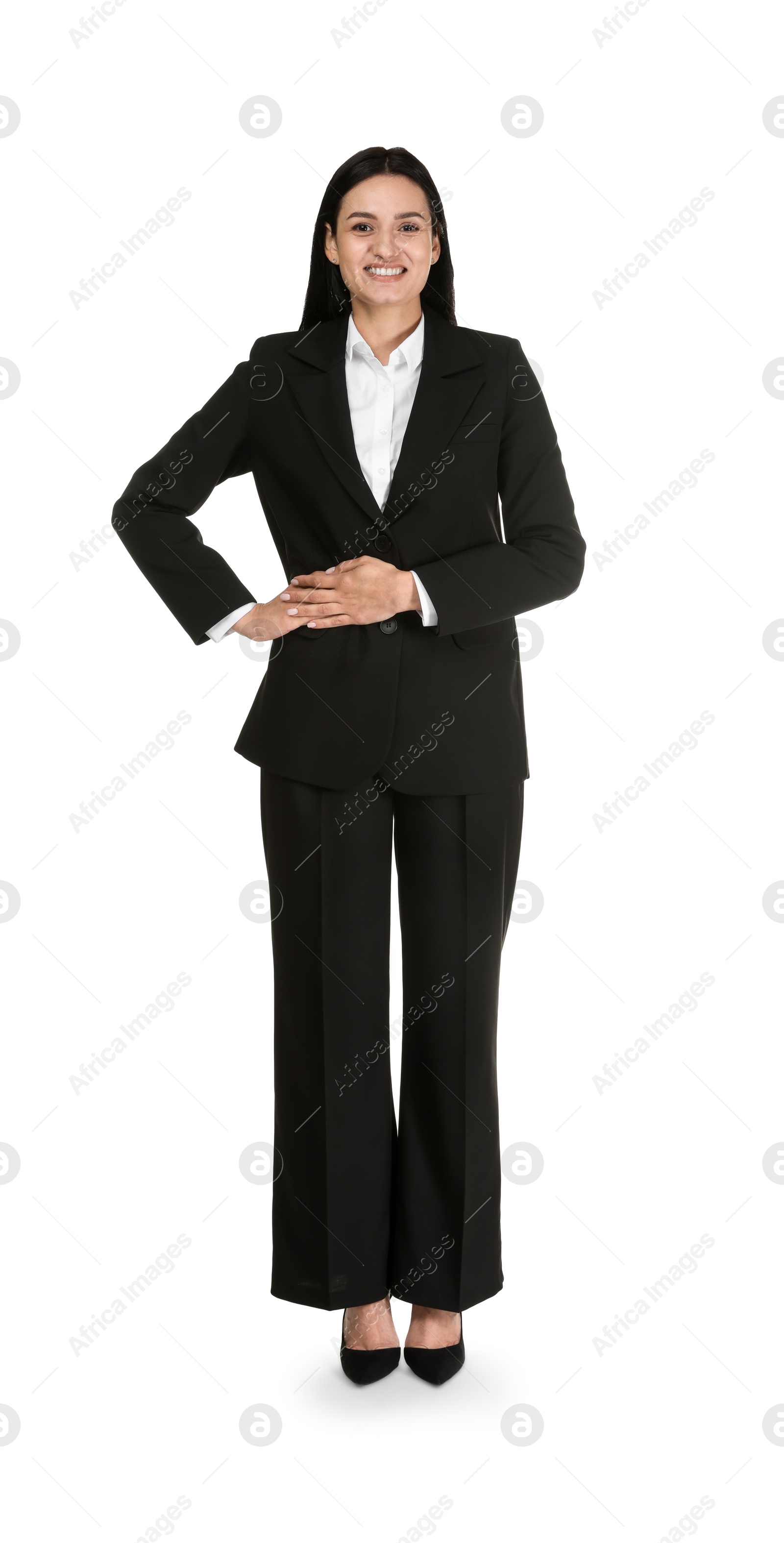 Confident business woman in suit on white background Photo of Confident business woman in suit on white background