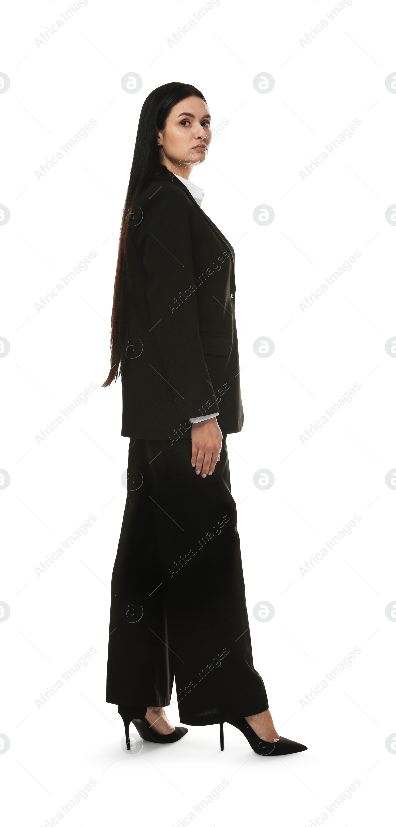 Photo of Confident business woman in suit on white background