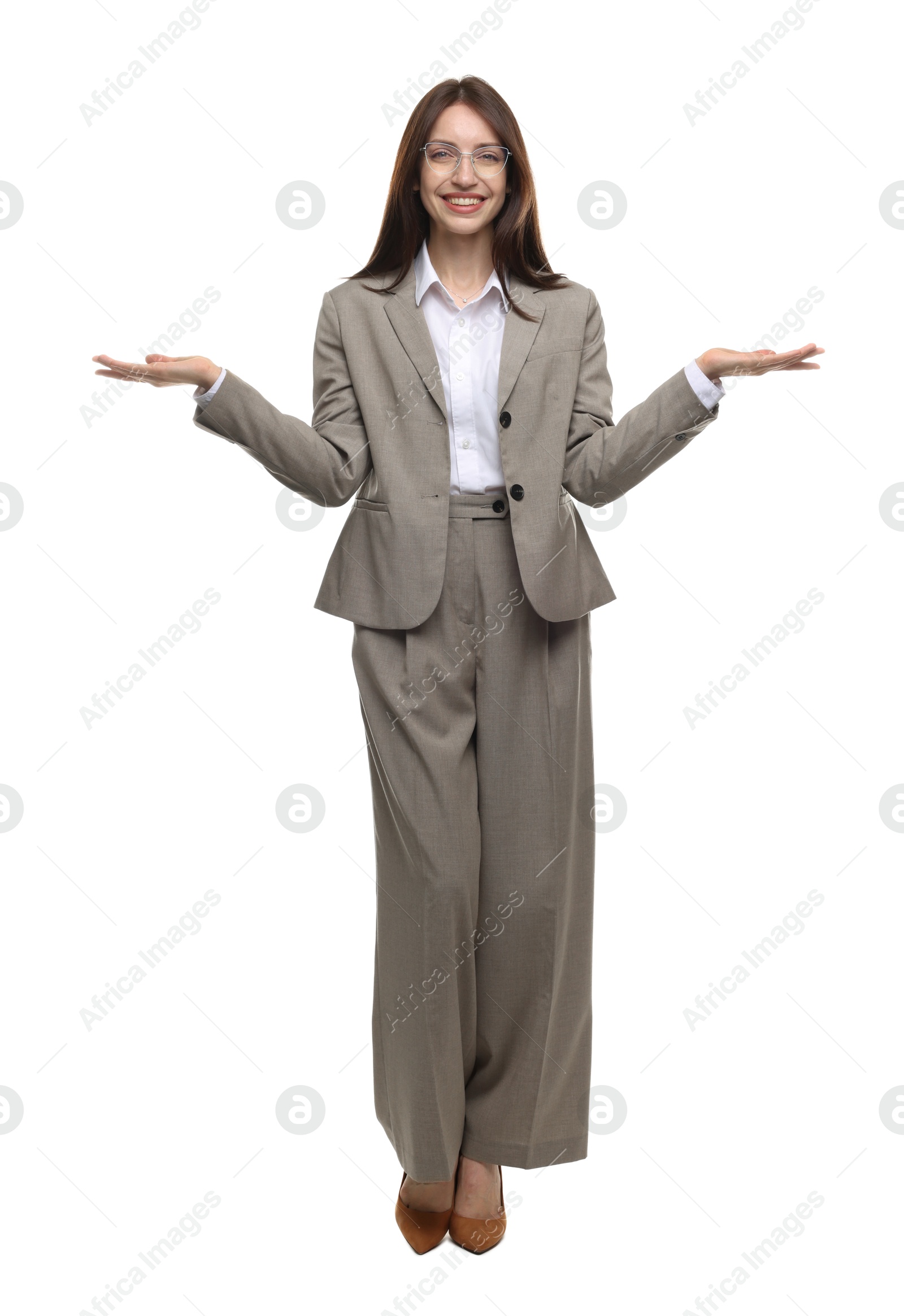 Happy woman in suit on white background Photo of Happy woman in suit on white background