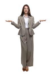 Photo of Happy woman in suit on white background