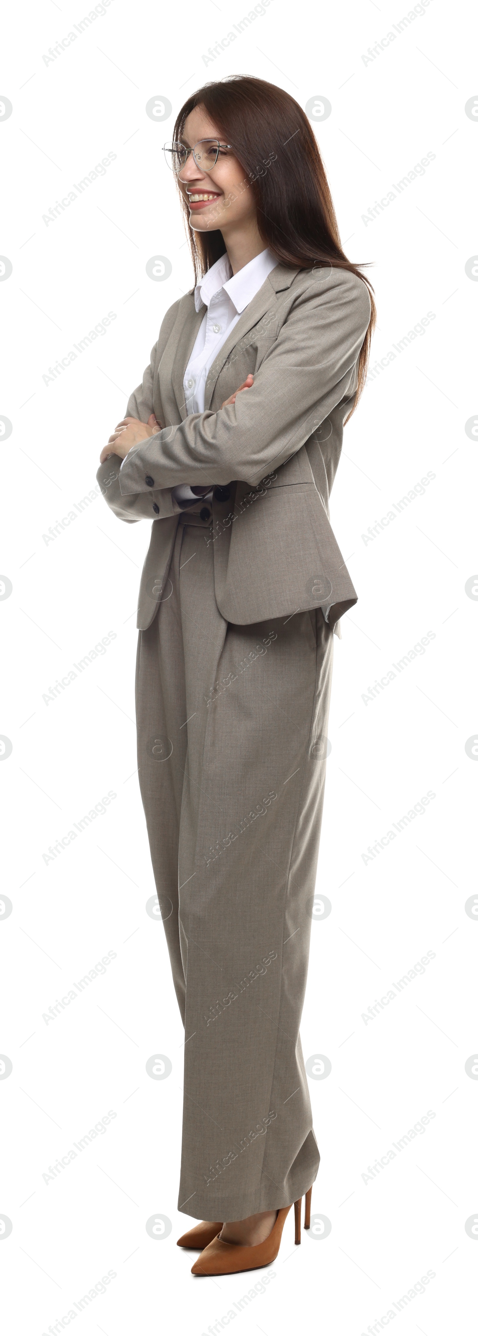 Happy woman in suit on white background Photo of Happy woman in suit on white background
