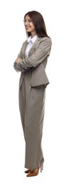 Photo of Happy woman in suit on white background