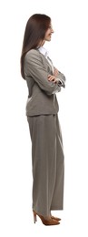 Photo of Happy woman in suit on white background
