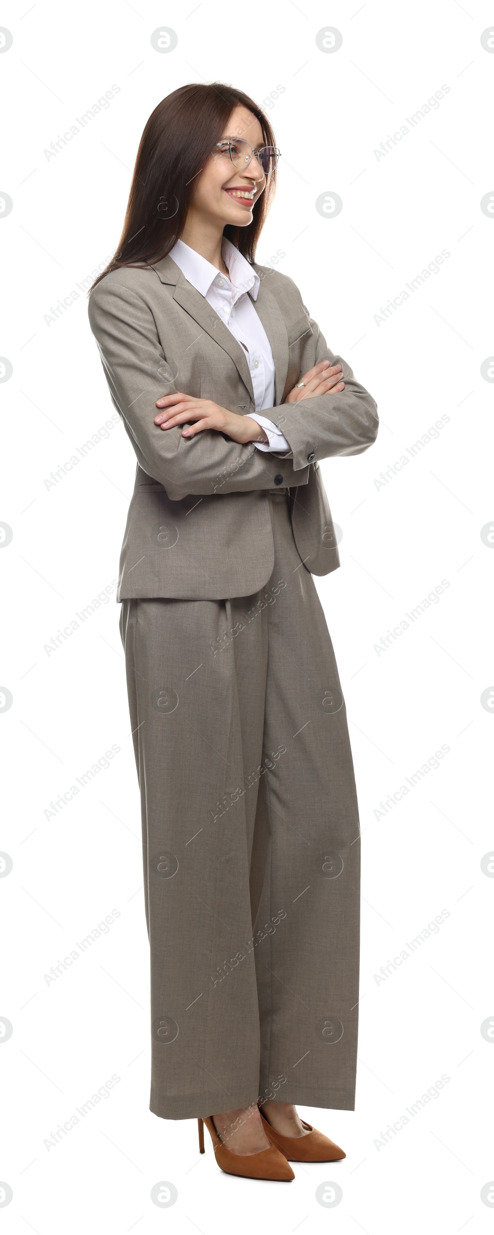 Happy woman in suit on white background Photo of Happy woman in suit on white background