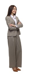 Photo of Happy woman in suit on white background