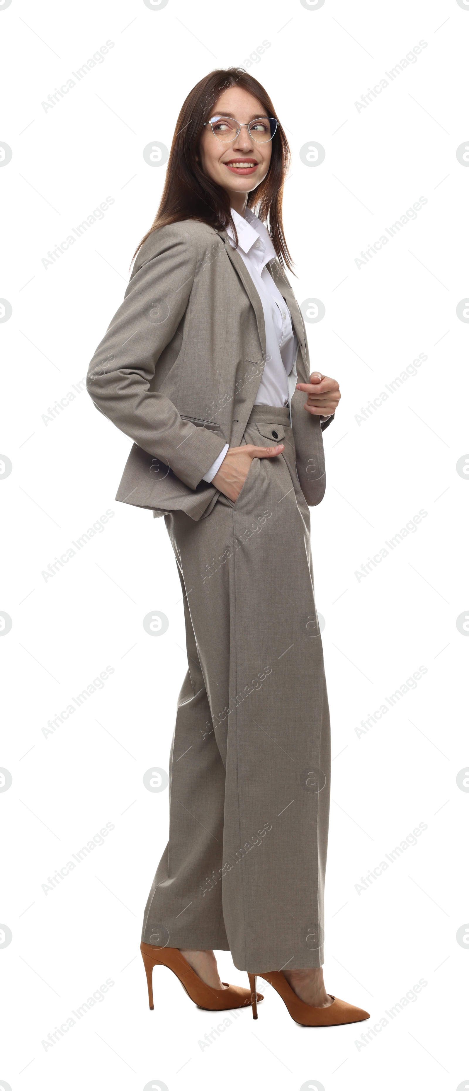 Happy woman in suit on white background Photo of Happy woman in suit on white background