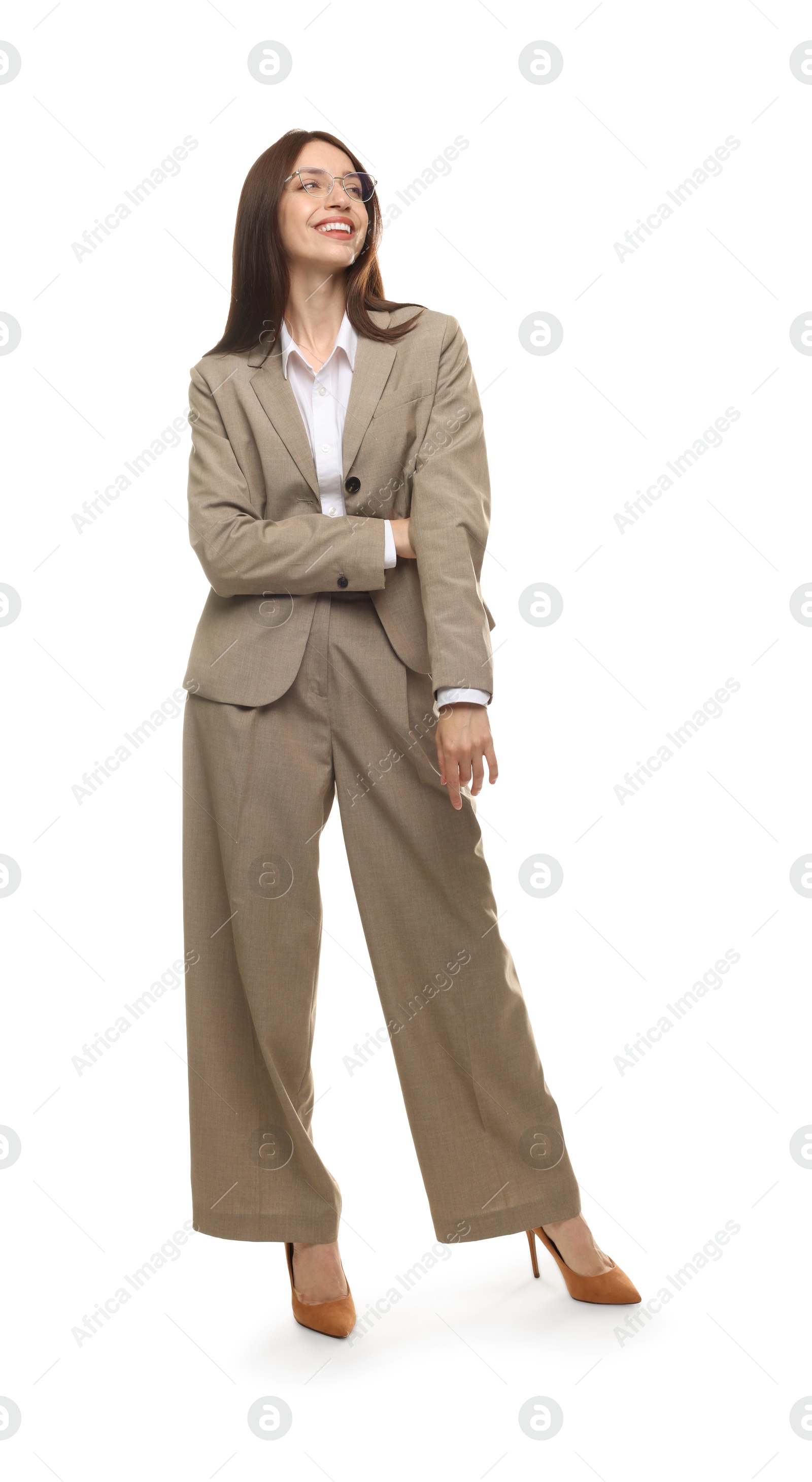 Happy woman in suit on white background Photo of Happy woman in suit on white background