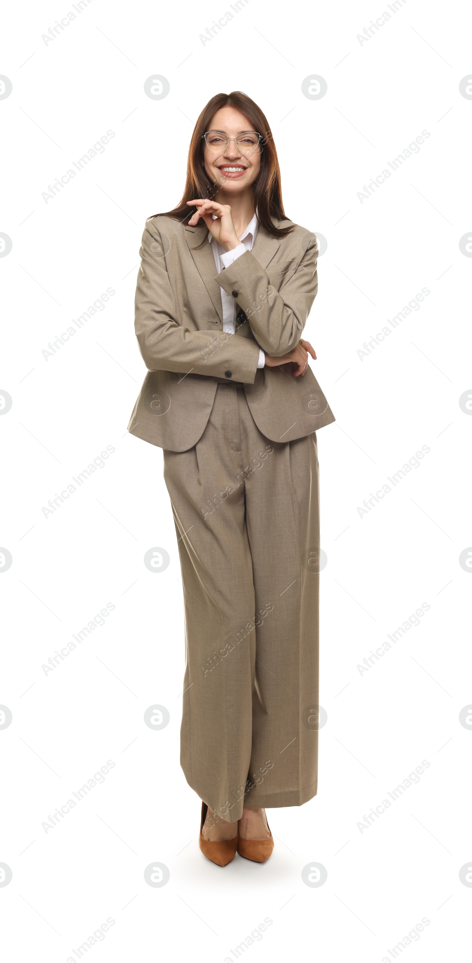 Happy woman in suit on white background Photo of Happy woman in suit on white background