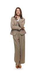 Photo of Happy woman in suit on white background