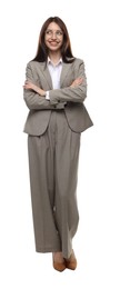 Photo of Happy woman in suit on white background