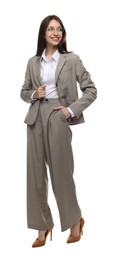 Photo of Happy woman in suit on white background