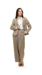 Photo of Happy woman in suit on white background
