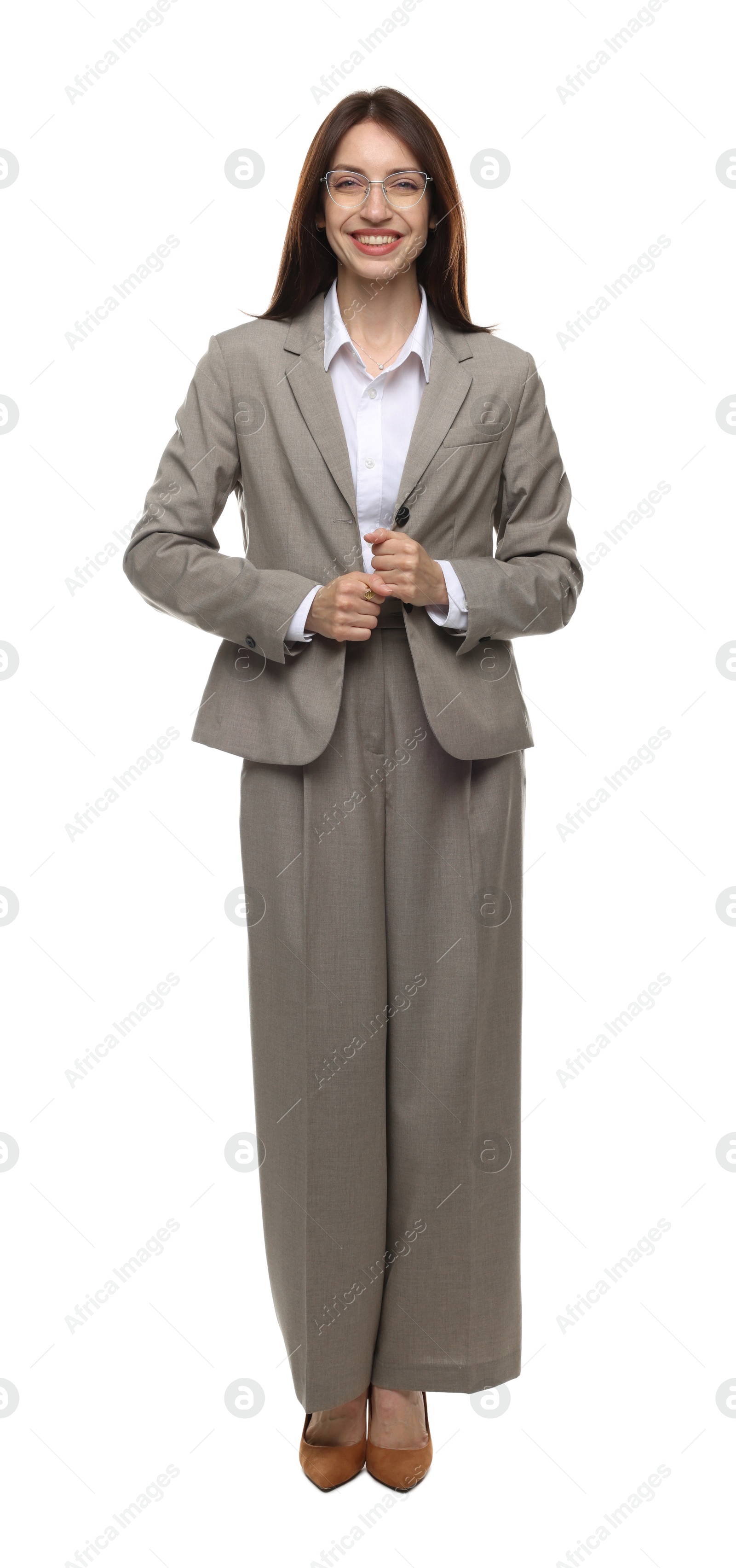 Happy woman in suit on white background Photo of Happy woman in suit on white background