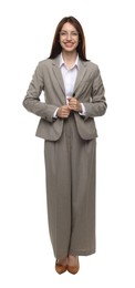 Photo of Happy woman in suit on white background