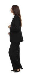 Photo of Happy woman in suit on white background