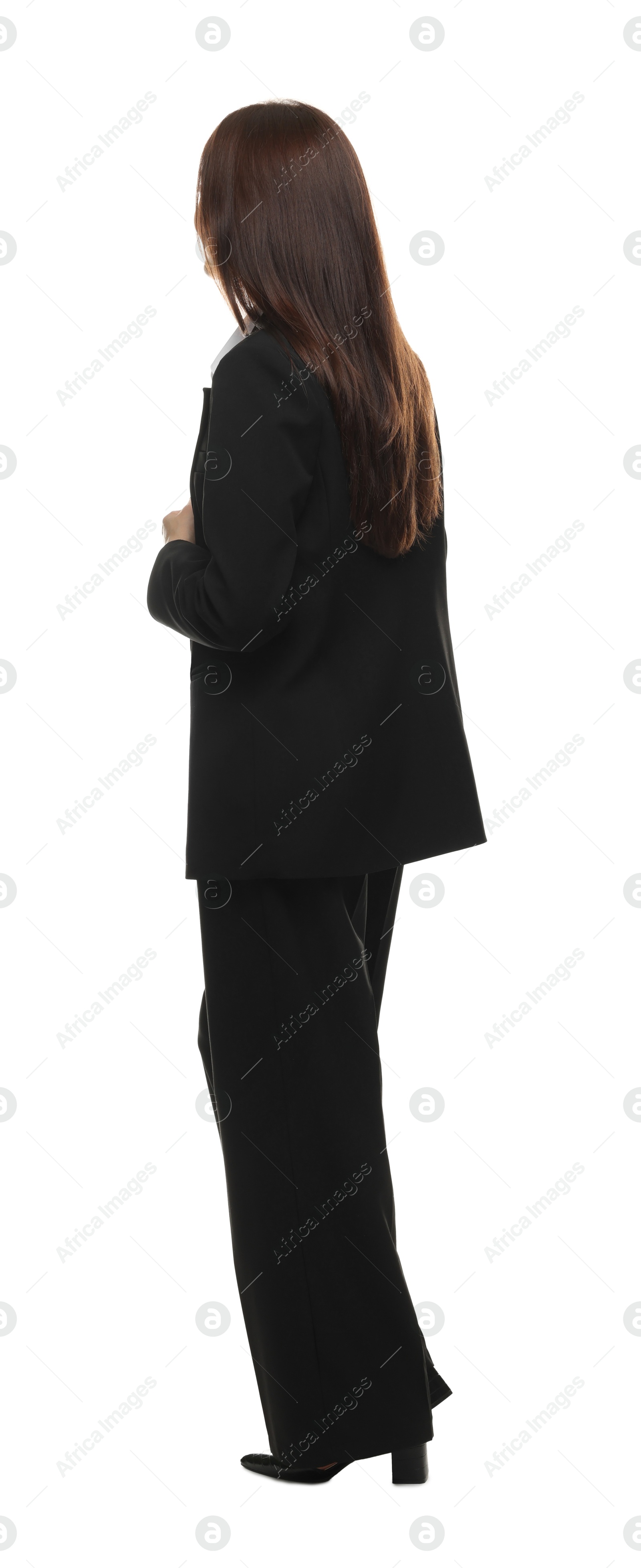 Confident woman in suit on white background Photo of Confident woman in suit on white background