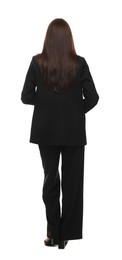 Photo of Confident woman in suit on white background, back view