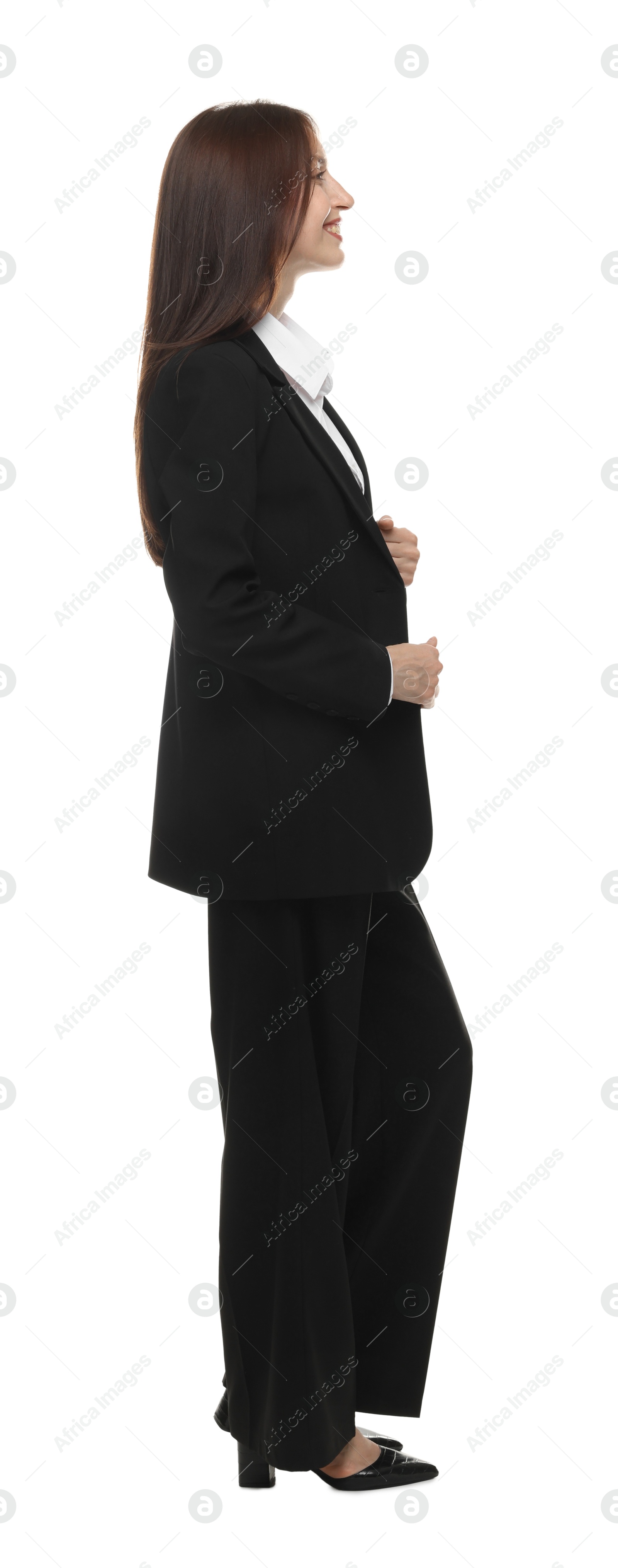 Happy woman in suit on white background Photo of Happy woman in suit on white background