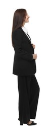 Photo of Happy woman in suit on white background