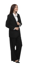 Photo of Happy woman in suit on white background