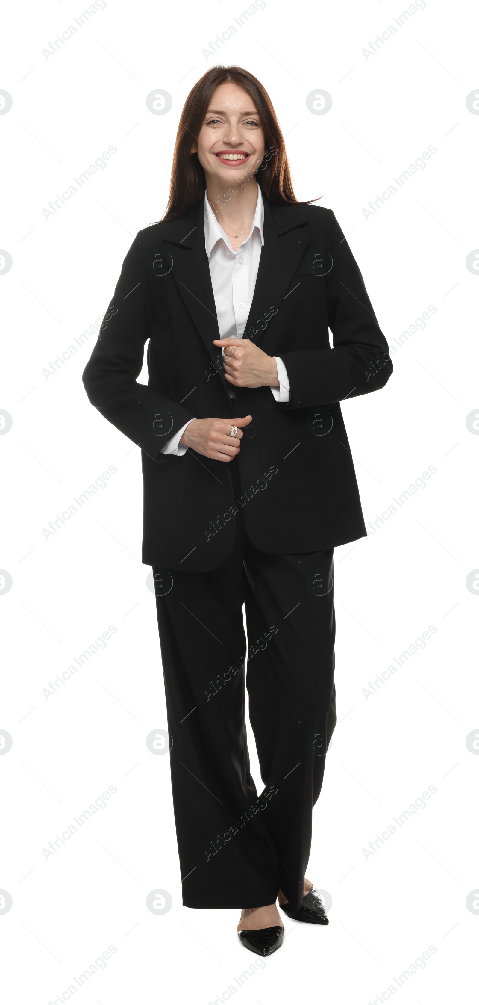 Happy woman in suit on white background Photo of Happy woman in suit on white background