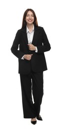 Photo of Happy woman in suit on white background