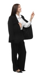 Photo of Happy woman in suit on white background