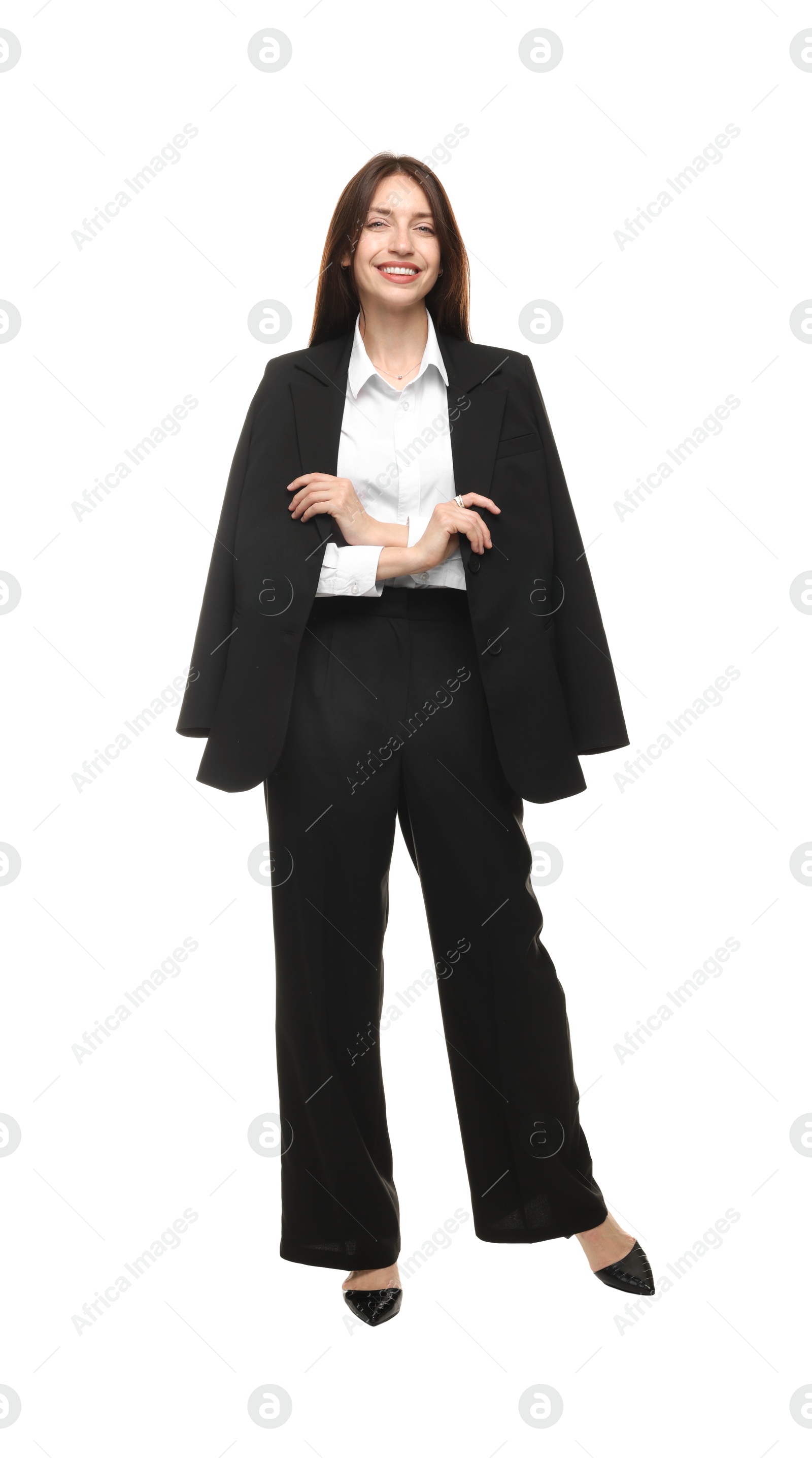 Happy woman in suit on white background Photo of Happy woman in suit on white background