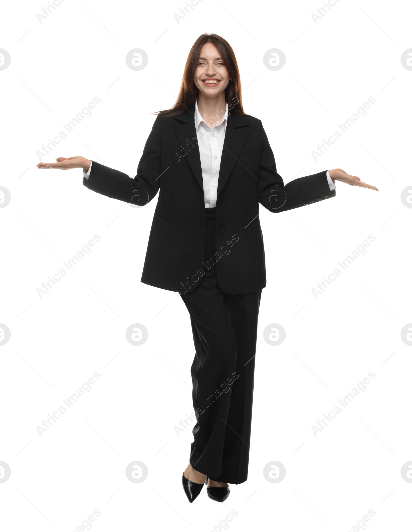 Happy woman in suit on white background Photo of Happy woman in suit on white background