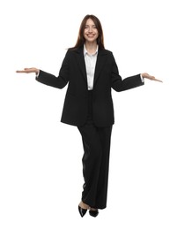 Photo of Happy woman in suit on white background