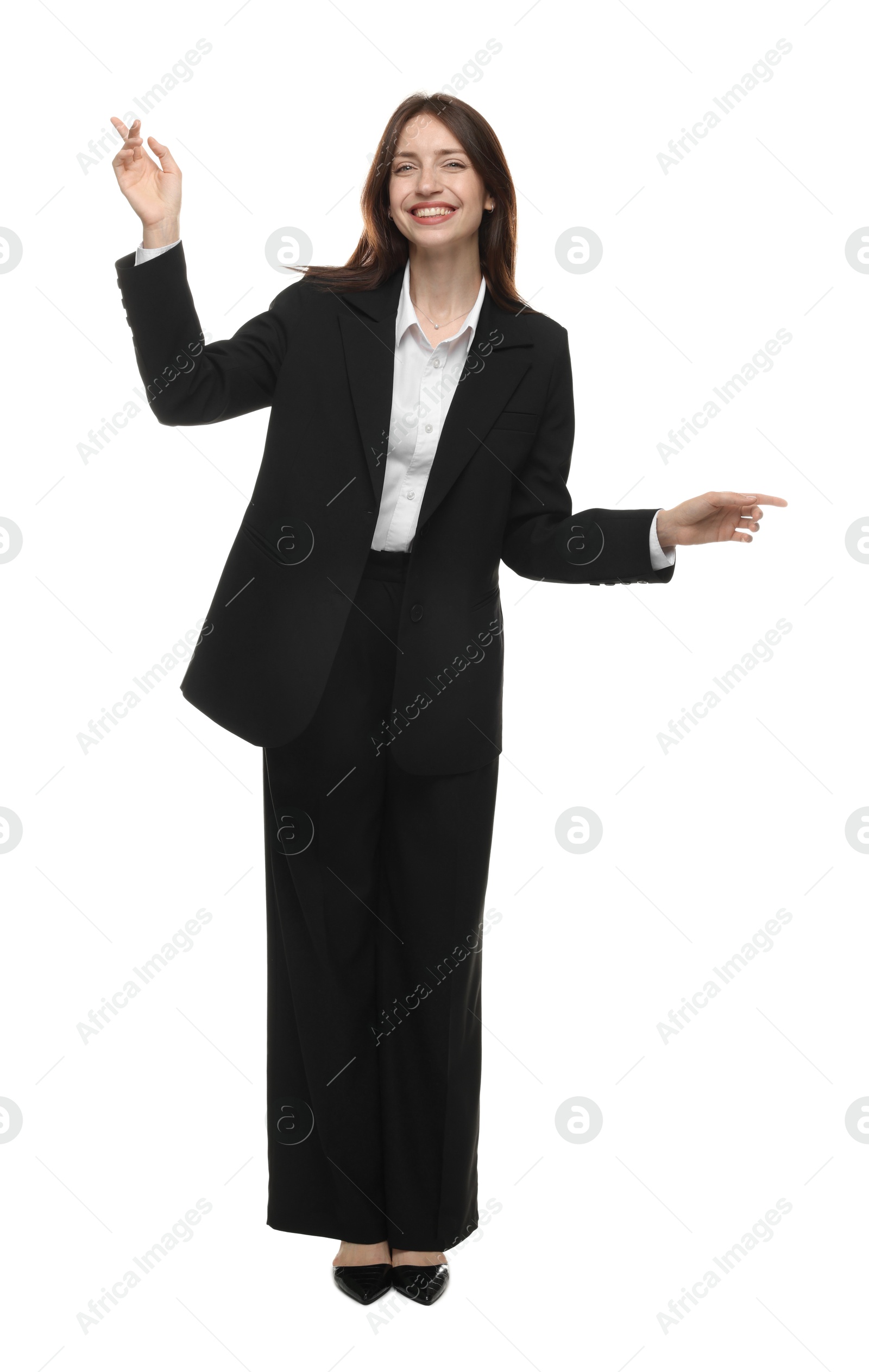 Happy woman in suit on white background Photo of Happy woman in suit on white background