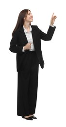Photo of Happy woman in suit on white background