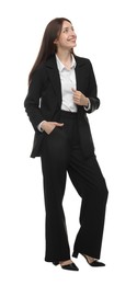 Photo of Happy woman in suit on white background