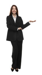 Photo of Happy woman in suit on white background